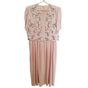 Vintage Dress size Large Cottagecore Midi Linen Blend Embroidered Shoulder Pads